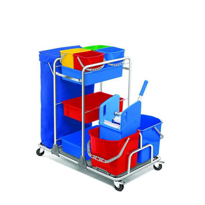 Servisný upratovací vozík 4x6L a 2x25L vedrá, chrómová konštrukcia, žmýkací lis Servisný upratovací vozík 4x6L a 2x25L vedrá, chrómová konštrukcia, žmýkací lis