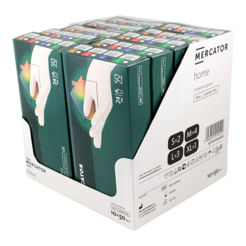Latexové rukavice MERCATOR HOME jednorázové nepúdrované 2xS,4xM,3xL,1xXL, 10 bal./500 ks Latexové rukavice MERCATOR HOME jednorázové nepúdrované 2xS,4xM,3xL,1xXL, 10 bal./500 ks