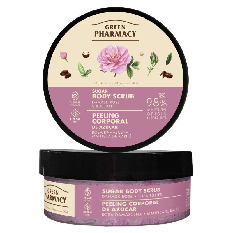 Green Pharmacy cukrový telový peeling 200 ml - Damašková ruža a bambucké maslo