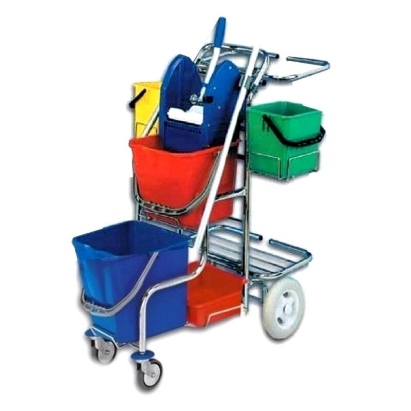 Servisný upratovací vozík 2x6L a 2x17L vedrá, chrómová konštrukcia, žmýkací lis, držiak a podpera na vrece, vanička Servisný upratovací vozík 2x6L a 2x17L vedrá, chrómová konštrukcia, žmýkací lis, držiak a podpera na vrece, vanička